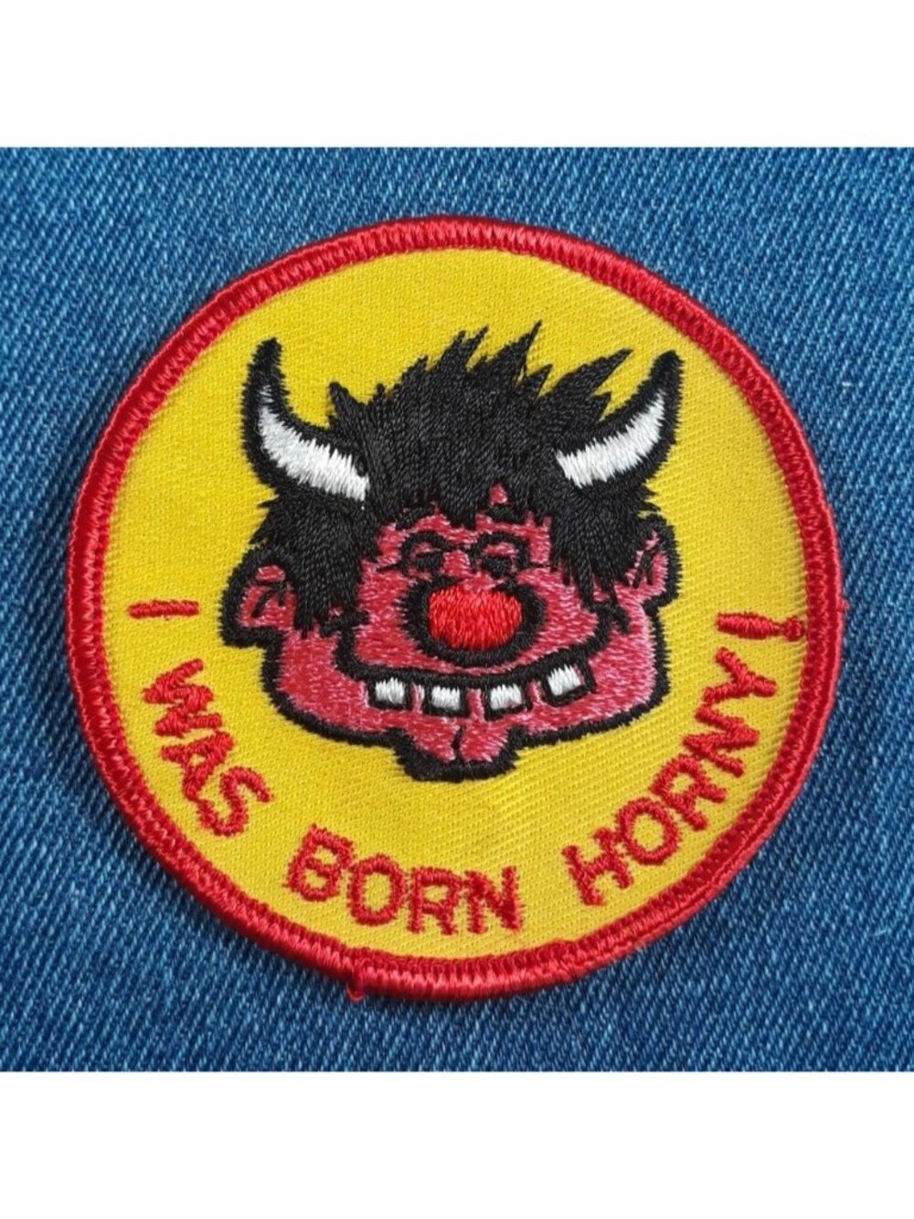 NOS 70s Vintage I WAS BORN HORNY Embroidered 3" Patch Funny Humor Naughty Retro